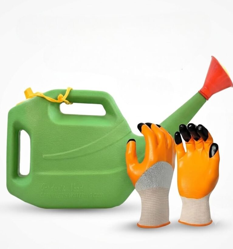 Garden Care Combo Set: 5L Plastic Watering Can with Long Spout & Detachable Rose Spray Head + 1 Pair of Clawed Gardening Gloves for Digging & Planting