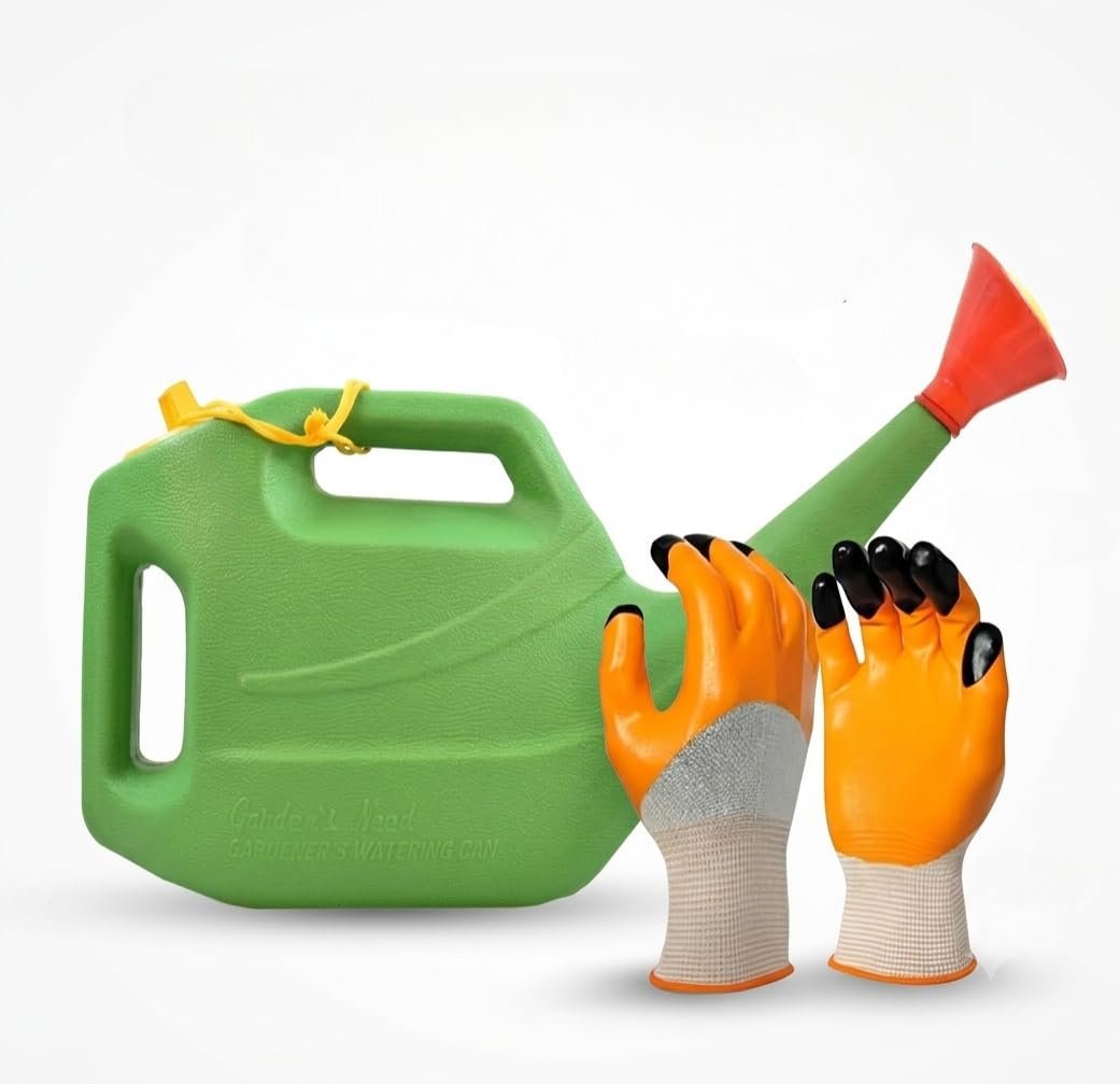 Garden Care Combo Set: 5L Plastic Watering Can with Long Spout & Detachable Rose Spray Head + 1 Pair of Clawed Gardening Gloves for Digging & Planting