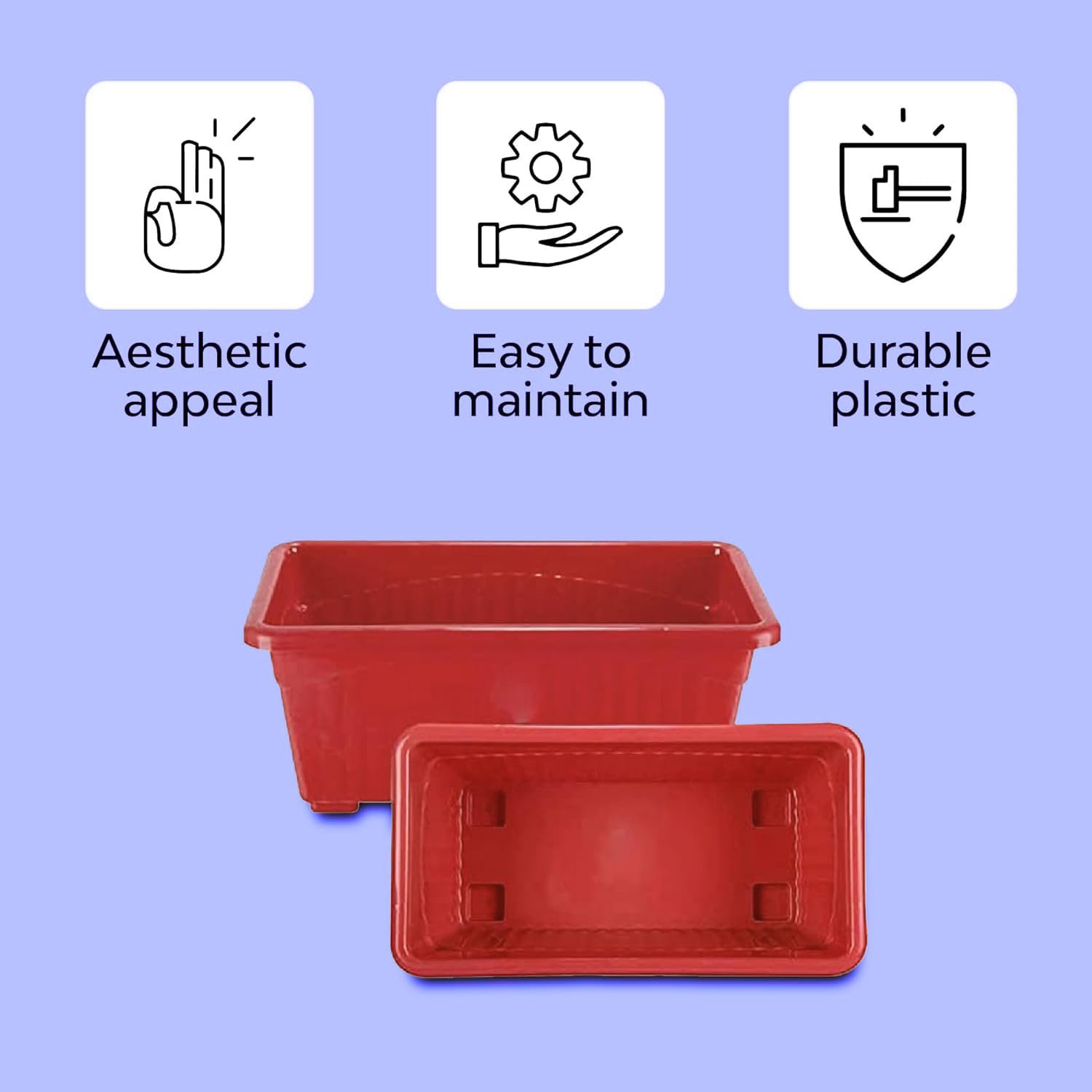Plastic Window Planters - 13 Inch, Red | Rectangular Planters for Home & Balcony Garden | Pots for Home Plants and Gardens | Ideal for Home Gardening (SET of 2) - Image 3