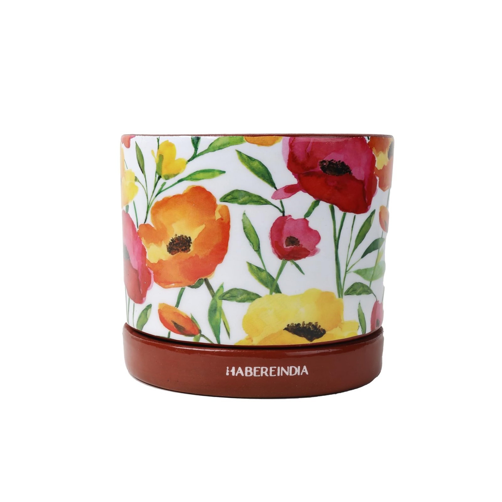 Floral Poppy Print Terracotta Planter with Saucer | Hand Painted Indoor Plant Pot | Breathable Clay Pot with Drainage Hole (Multi: L11 x W11 x H10 cm) - Image 7