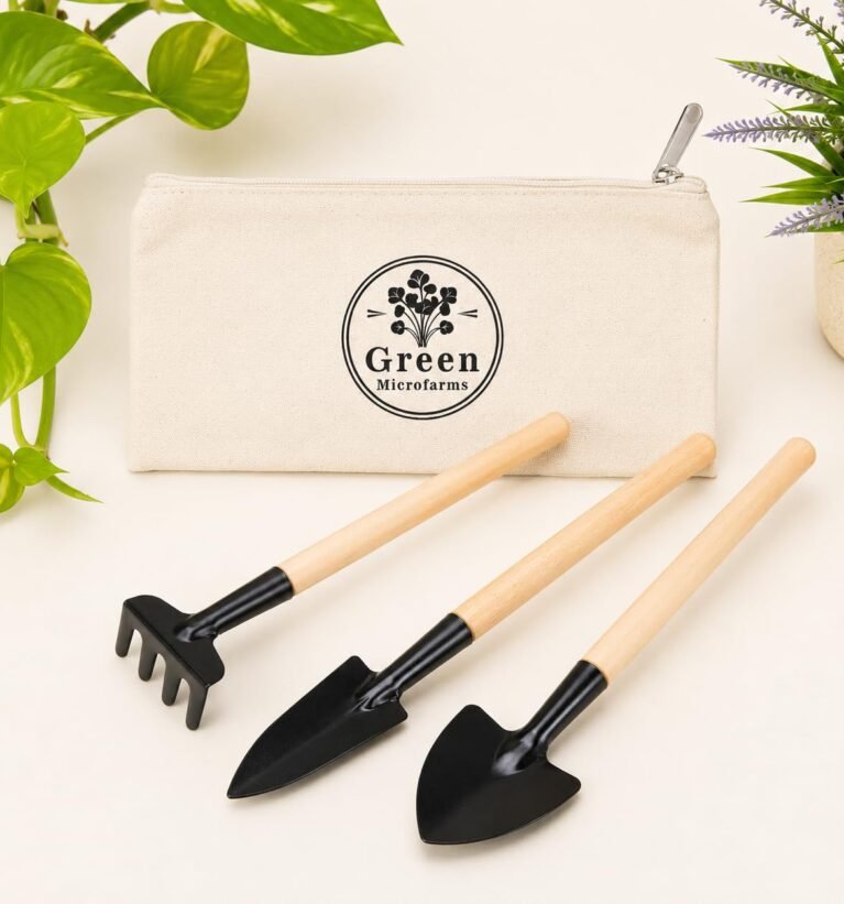 Mini Gardening Tool Set with Pouch | 3-Piece Heavy Duty Metal Garden Hand Tools with Wooden Handles | Hand Trowel, Transplanter & Rake | Indoor Outdoor Home Gardening Kit