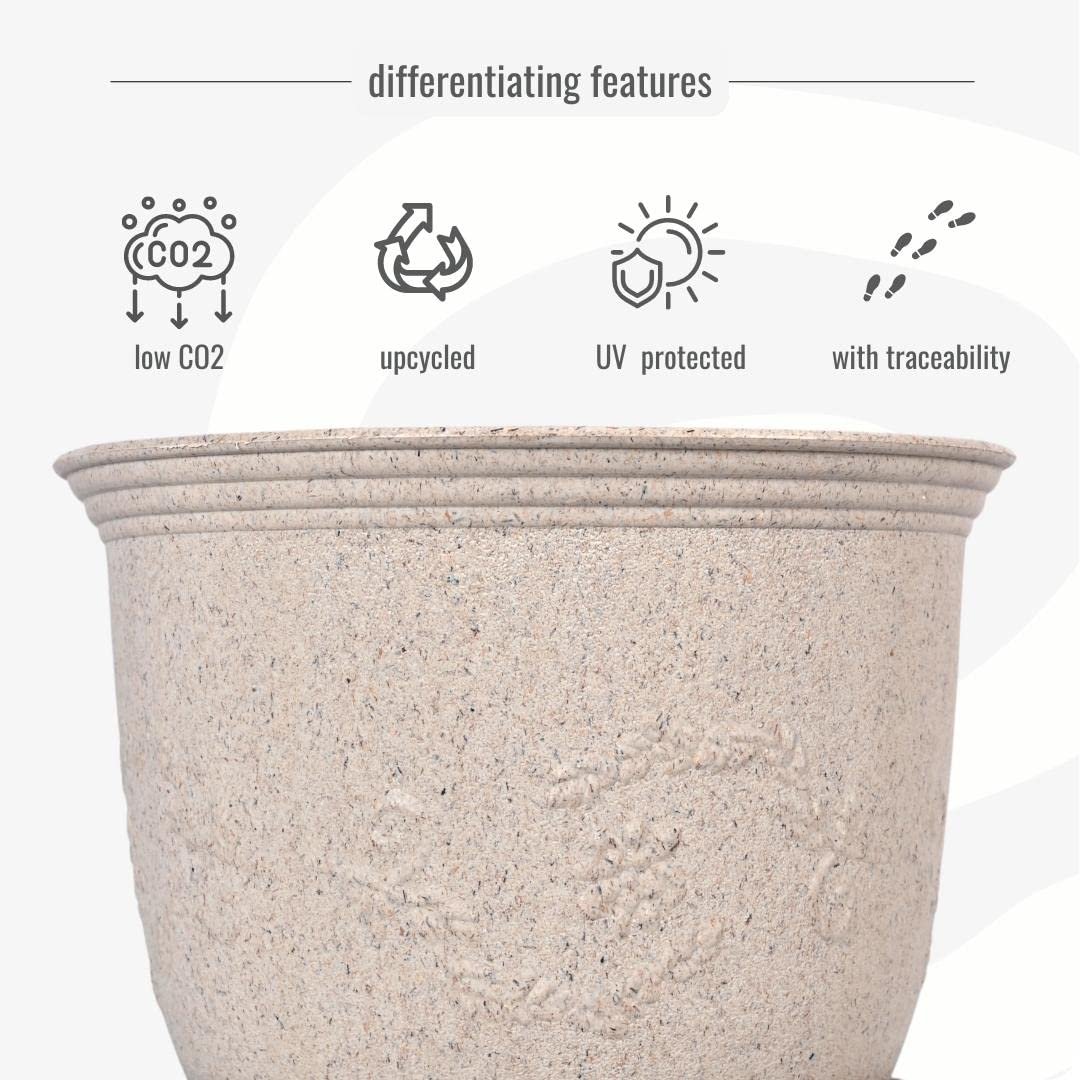 Set of 2 Earth-Friendly 8" Leafy Planters with Tray | Bamboo Based | UV Protected | Drainage Hole | Pots for Indoor, Outdoor, Balcony & Garden | Natural Sand Castle - Image 5