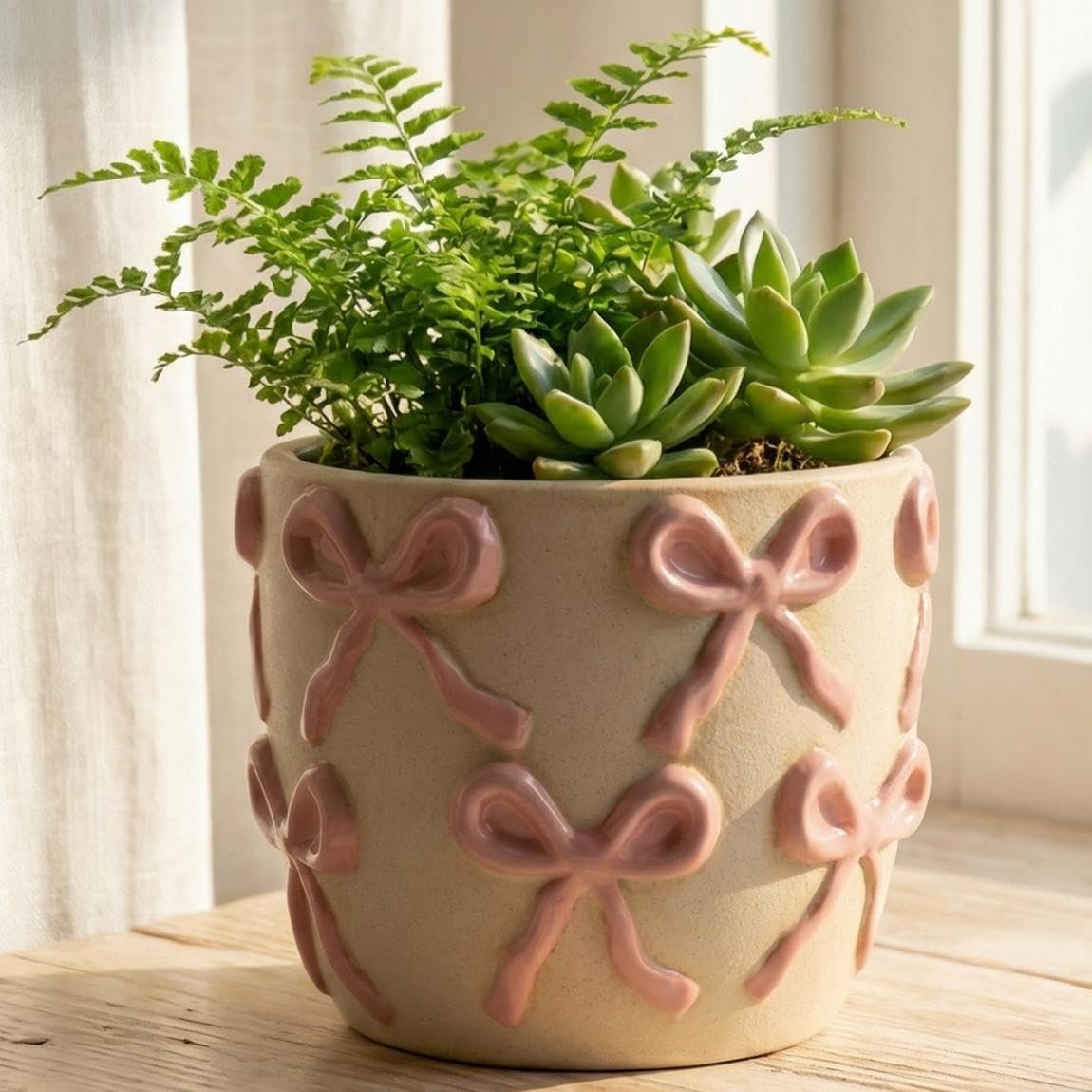 Ceramic Flower Pots for Indoor and Outdoor Plants, Succulent Orchid Round Clay and Terracotta Planter for Garden Home Modern Decoration 5.3 Inch (Pink Bow, Without Saucers) - Image 9