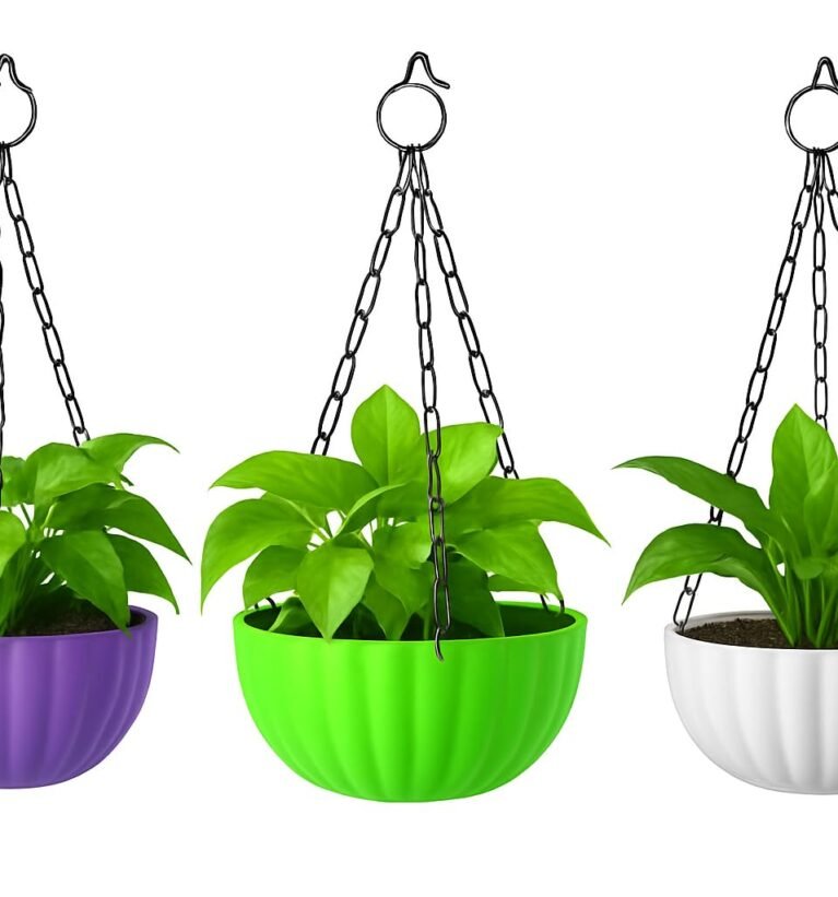 Plastic Hanging Planters with Chain Set of 3 – UV-Stabilized, BPA-Free for Balcony, Garden, Indoor & Outdoor Décor, Rattan-Style Finish, Multicolor Pots, 7.15 Inch /19 cm Diameter