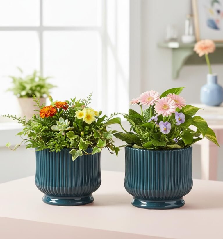 Xtore® 2 Pc Sculptural Ribbed Ceramic Planter Pot for Indoor Plants | Modern Minimalist Planter Pot for Living Room, Desk, Shelf & Balcony Styling (Teal Blue - Planters only)