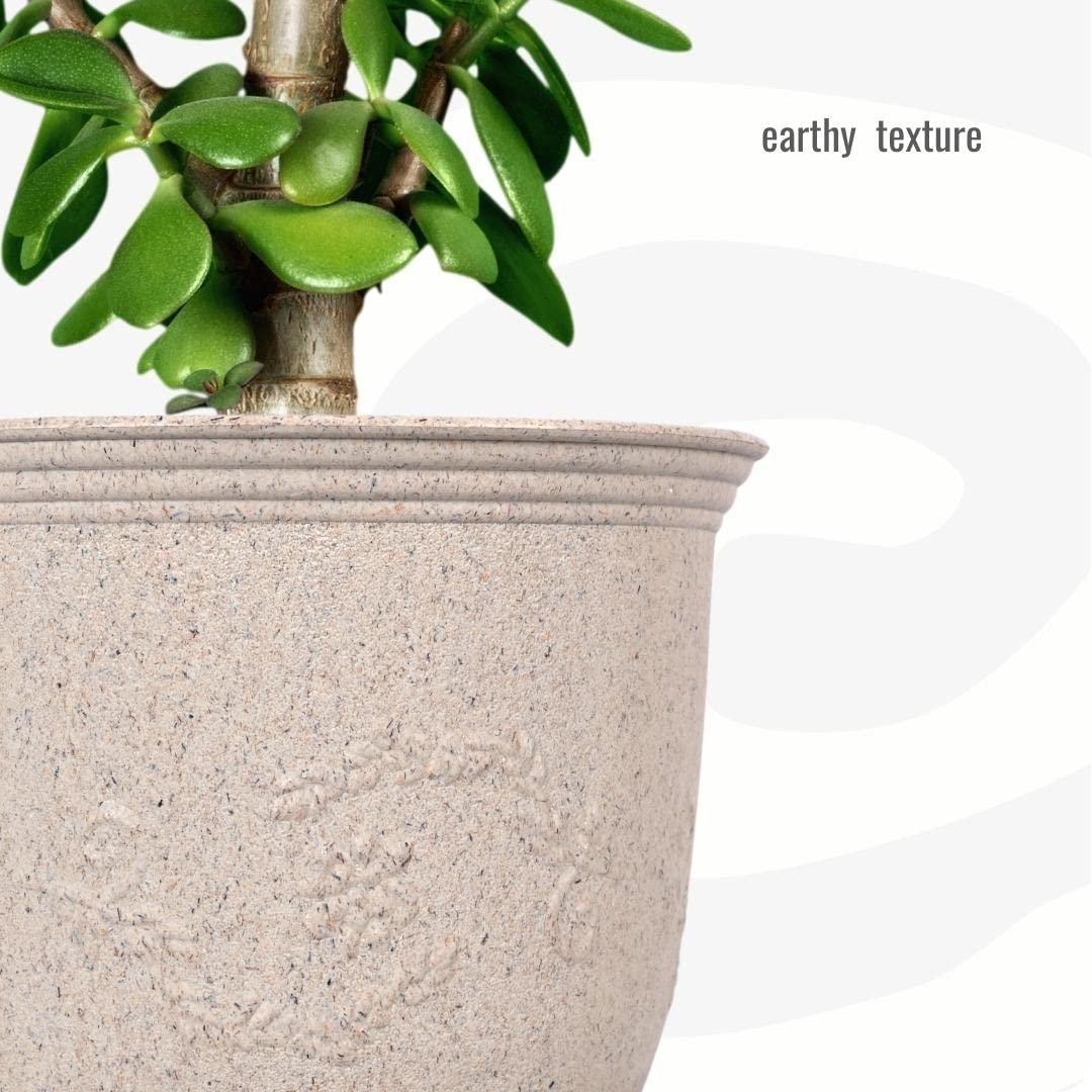 Set of 2 Earth-Friendly 8" Leafy Planters with Tray | Bamboo Based | UV Protected | Drainage Hole | Pots for Indoor, Outdoor, Balcony & Garden | Natural Sand Castle - Image 7