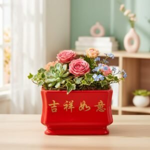 Xtore® Striking Red Ceramic Planter Pot with Artistic Script Design | Glossy Decorative Plant Holder for Living Room, Balcony, Desk & Indoor Styling (Red, Planter only)