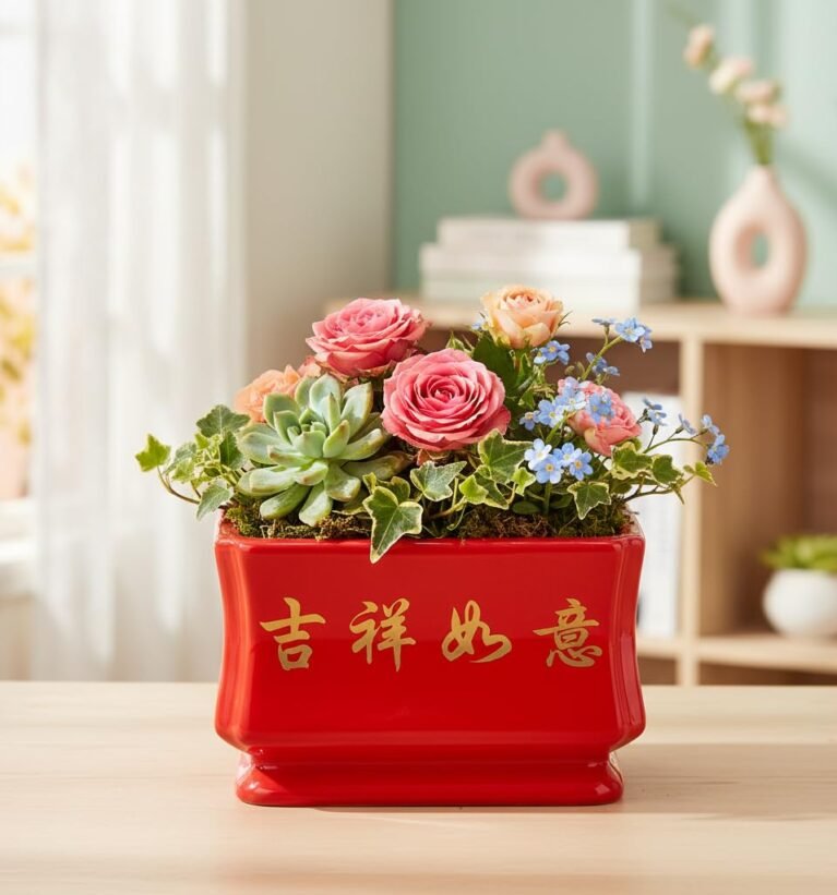 Xtore® Striking Red Ceramic Planter Pot with Artistic Script Design | Glossy Decorative Plant Holder for Living Room, Balcony, Desk & Indoor Styling (Red, Planter only)