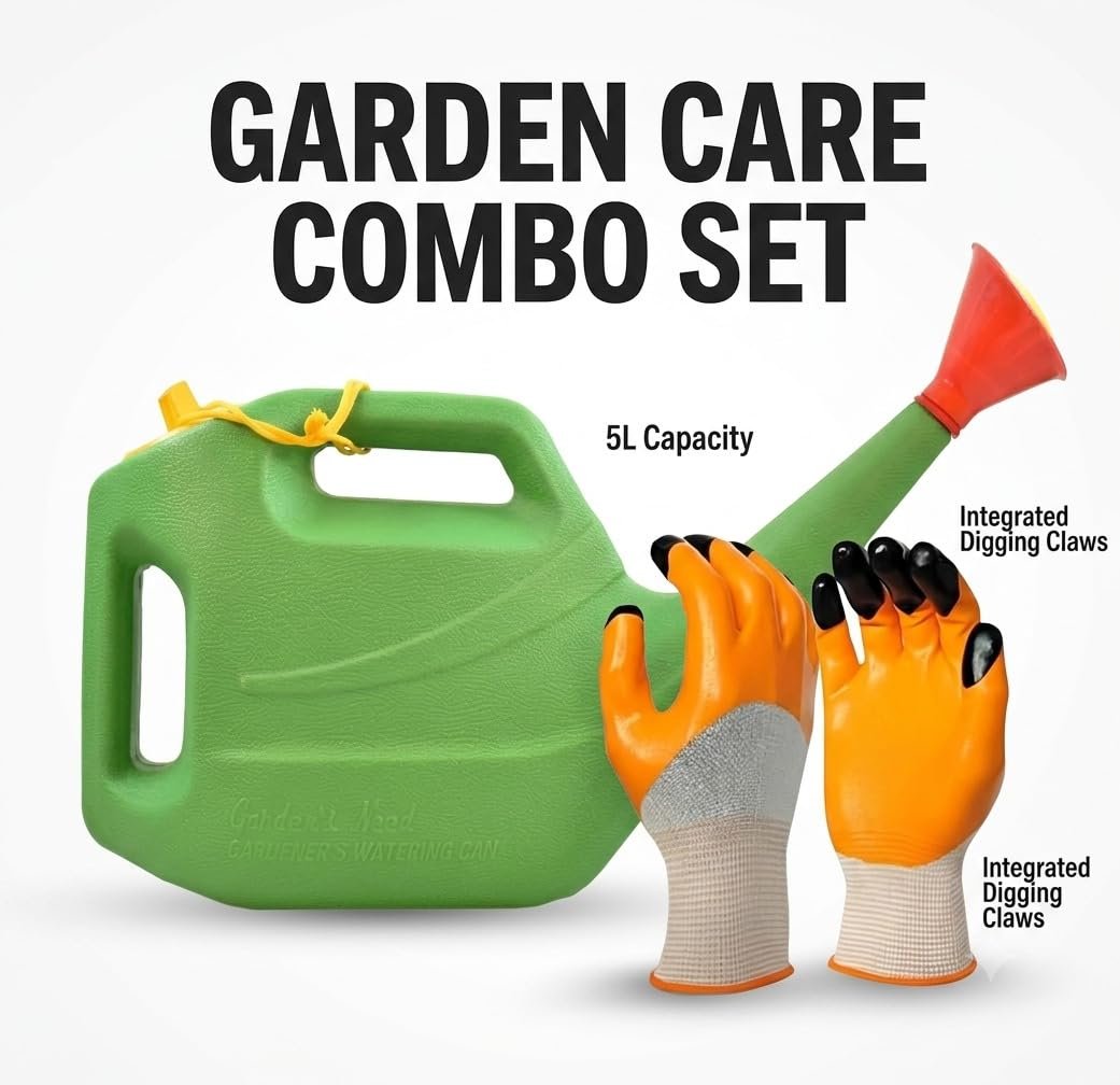 Garden Care Combo Set: 5L Plastic Watering Can with Long Spout & Detachable Rose Spray Head + 1 Pair of Clawed Gardening Gloves for Digging & Planting - Image 2