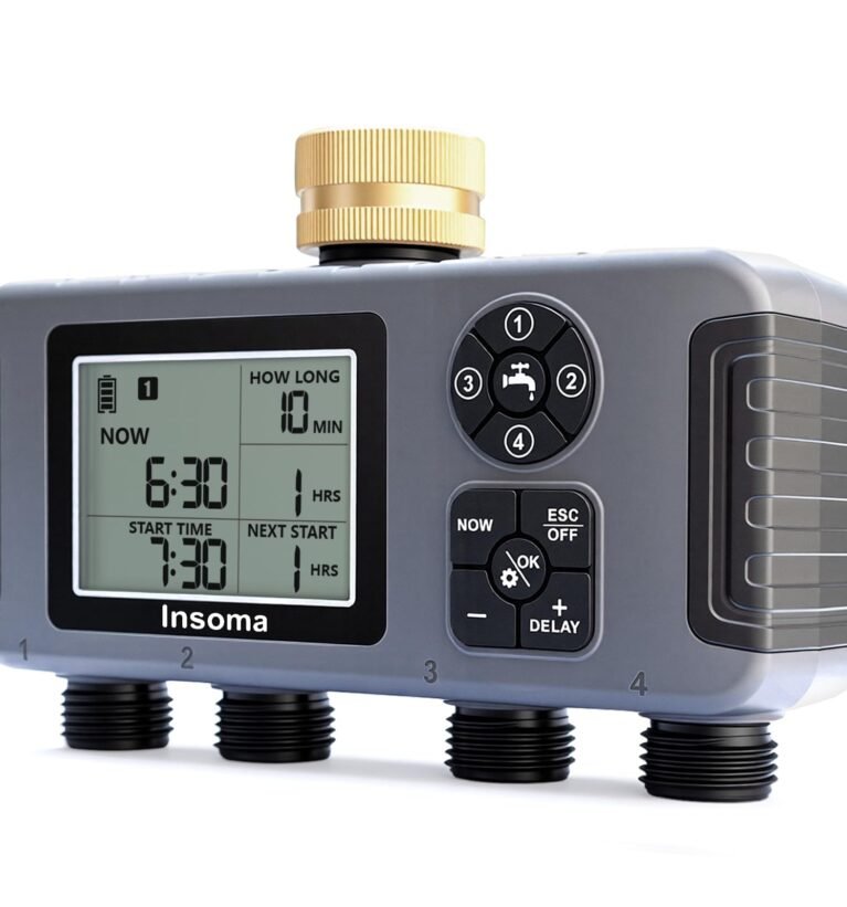 4-Zone Water Timer with Brass Inlet, Automatic Garden Hose Timer with Manual/Rain Delay & Large Display, IPX5 Waterproof Faucet Timers for Sprinkler System, Yard, Lawn, Greenhouse