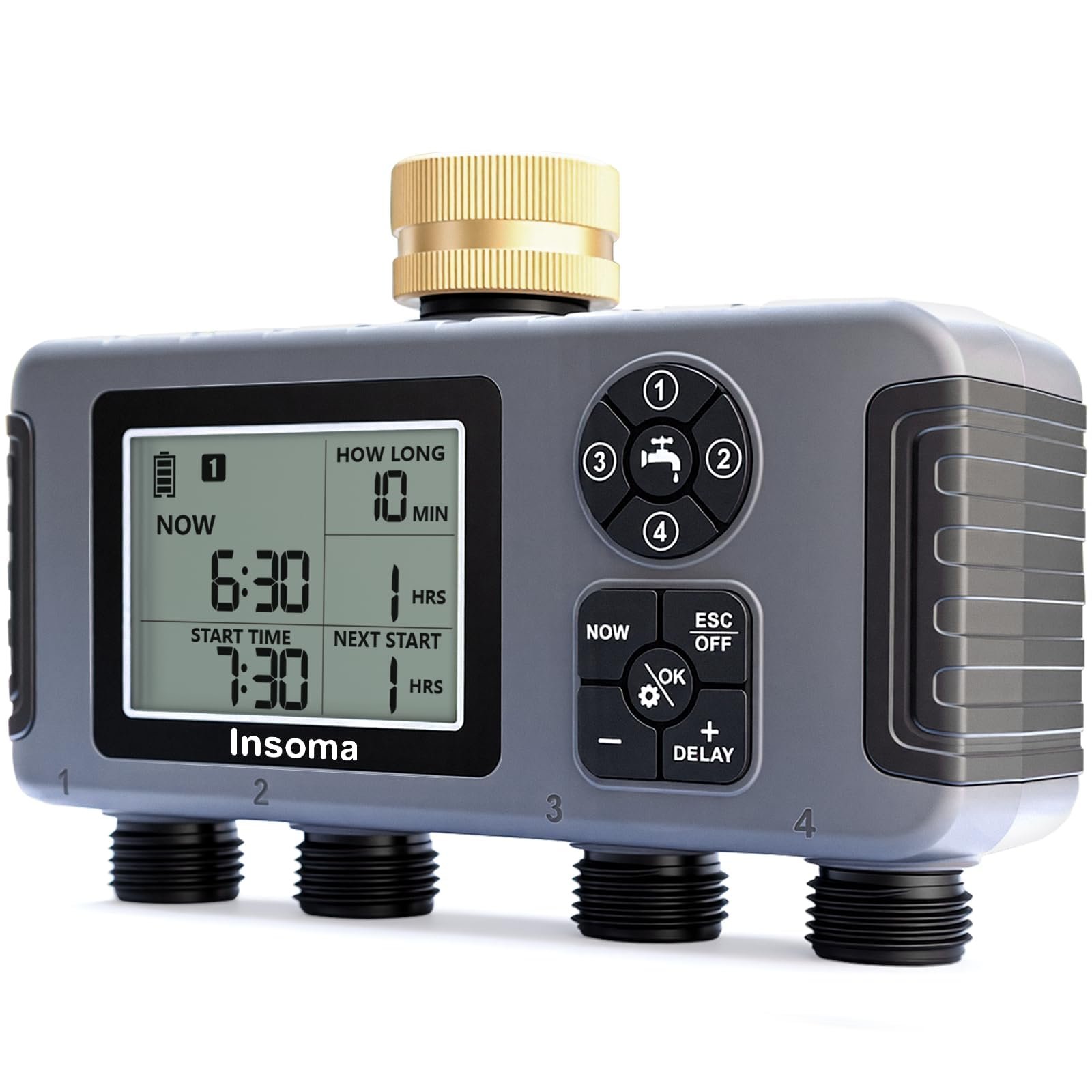 4-Zone Water Timer with Brass Inlet, Automatic Garden Hose Timer with Manual/Rain Delay & Large Display, IPX5 Waterproof Faucet Timers for Sprinkler System, Yard, Lawn, Greenhouse