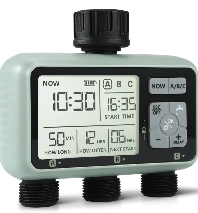 Water Timer Irrigation System,3 Outlets Water Sprinkler Timer Lawn & Garden Watering Equipment/Automatic Watering System/IPX5 Waterproof/Child Lock Mode/Sprinklers for Lawns