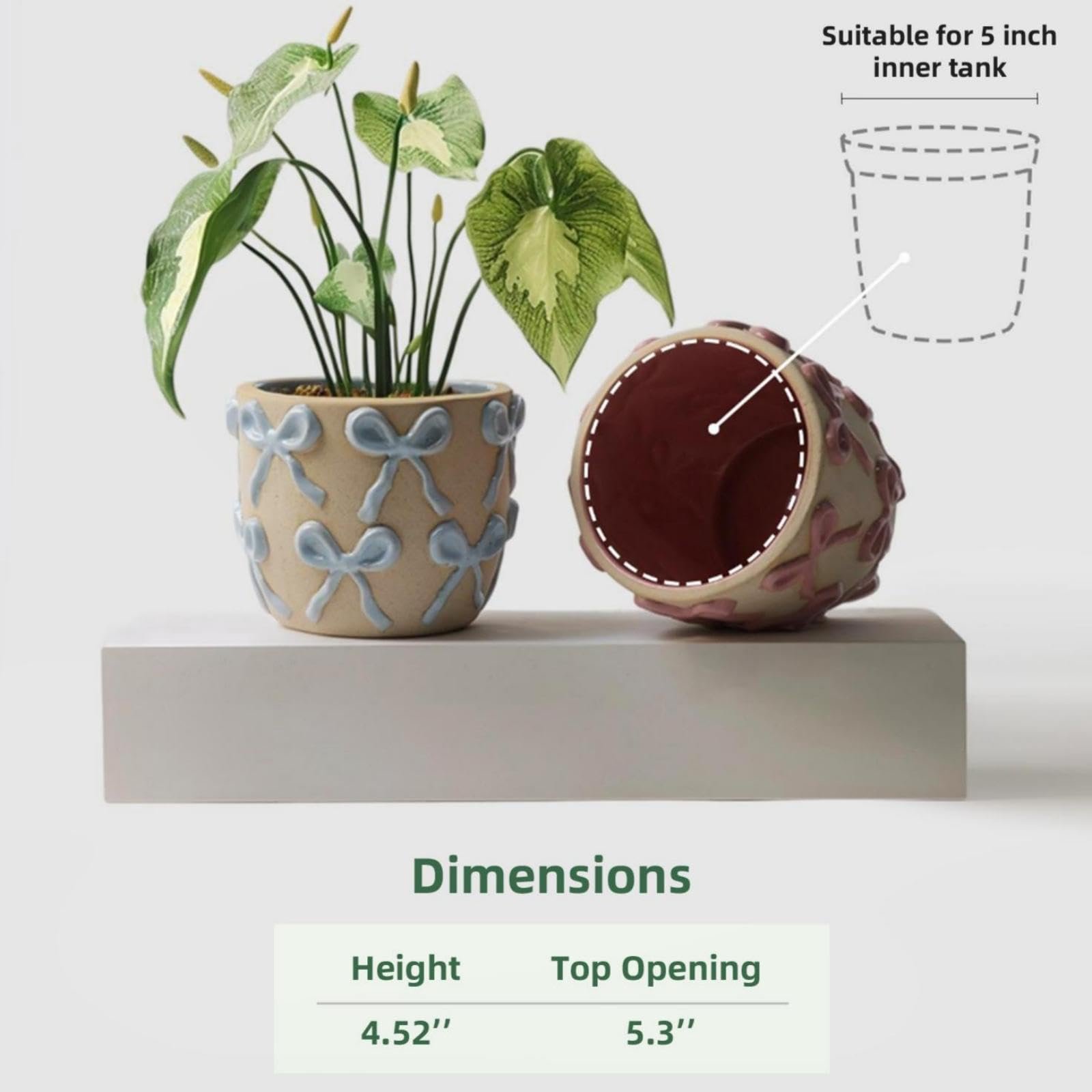 Ceramic Flower Pots for Indoor and Outdoor Plants, Succulent Orchid Round Clay and Terracotta Planter for Garden Home Modern Decoration 5.3 Inch (Pink Bow, Without Saucers) - Image 2