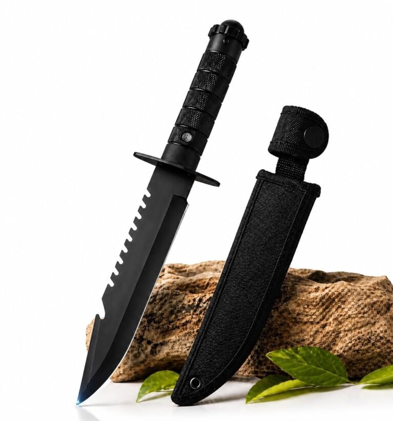 Carbon Steel Kitchen Knife with Cover | Ultra Sharp Chef Knife for Cutting Fruits Vegetables & Meat | Black Utility Knife | Ergonomic Anti-Slip Handle (Black, 1 Pc)
