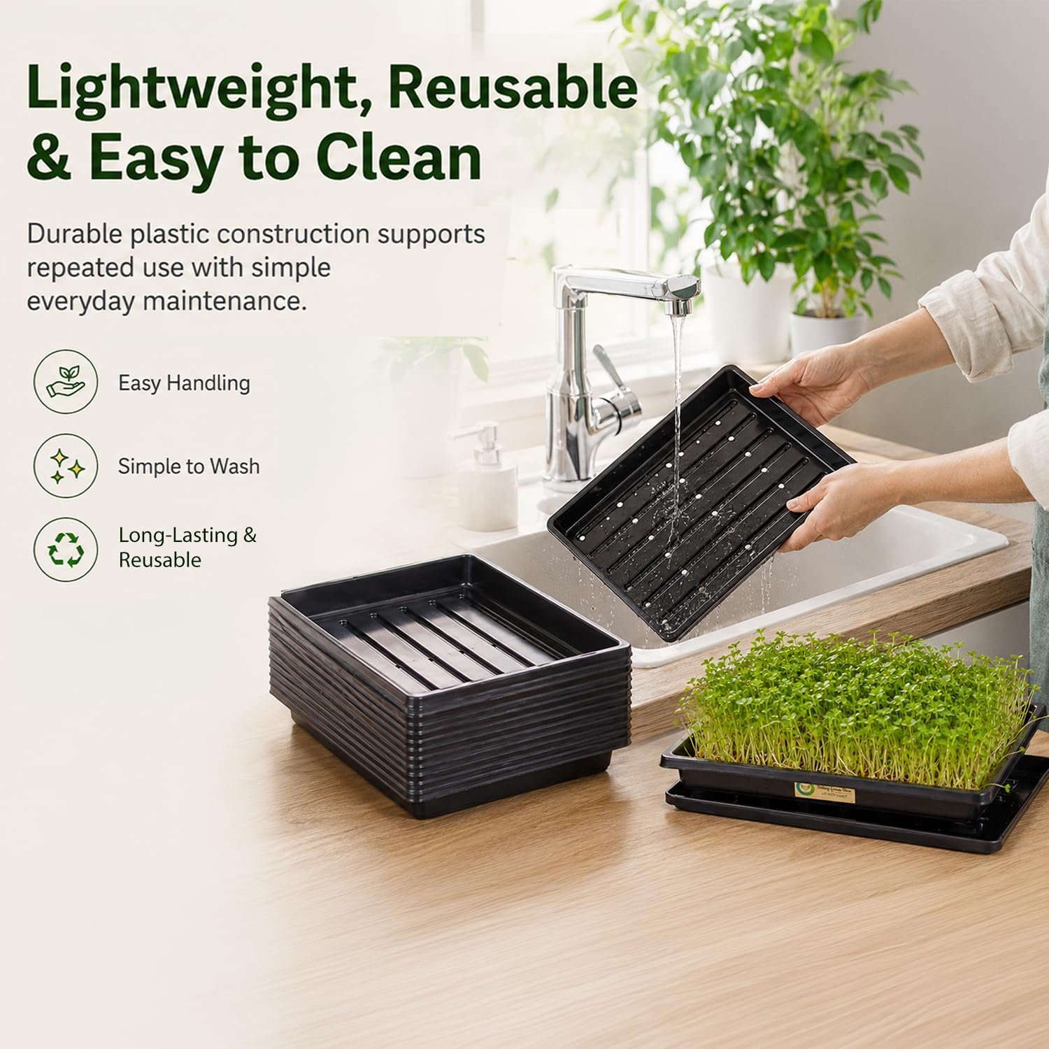 Smiling Greens 1010 Microgreens Tray Bulk Set | 10 Pairs / 20 Trays | 10 × 10 Inch | Drainage & Base Trays | Reusable Indoor Growing for Microgreens, Wheatgrass & Herbs - Image 7