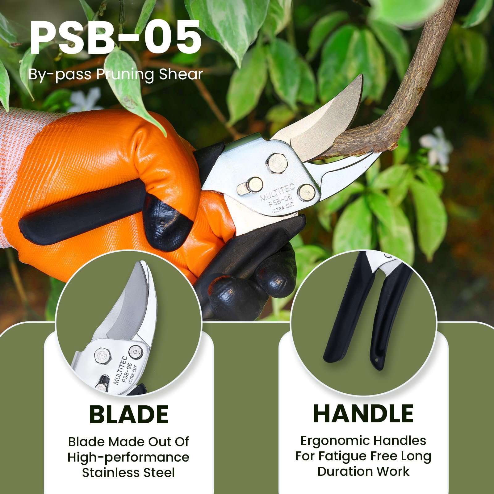 MULTITEC PSB05 Bypass Pruning Shear 210mm | Stainless Steel Professional Garden Secateur with 19mm Cutting Capacity for Plants, Roses, Flowers & Shrubs - Image 3