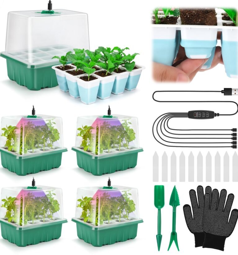 Seed Starter Tray with Grow Light, 60 Flexible Cells 5 PCS Seed Starter Kit, Reusable Seedling Starter Trays with Humidity Dome & High Lid, Germination Trays for Indoor Greenhouse Seed Starter