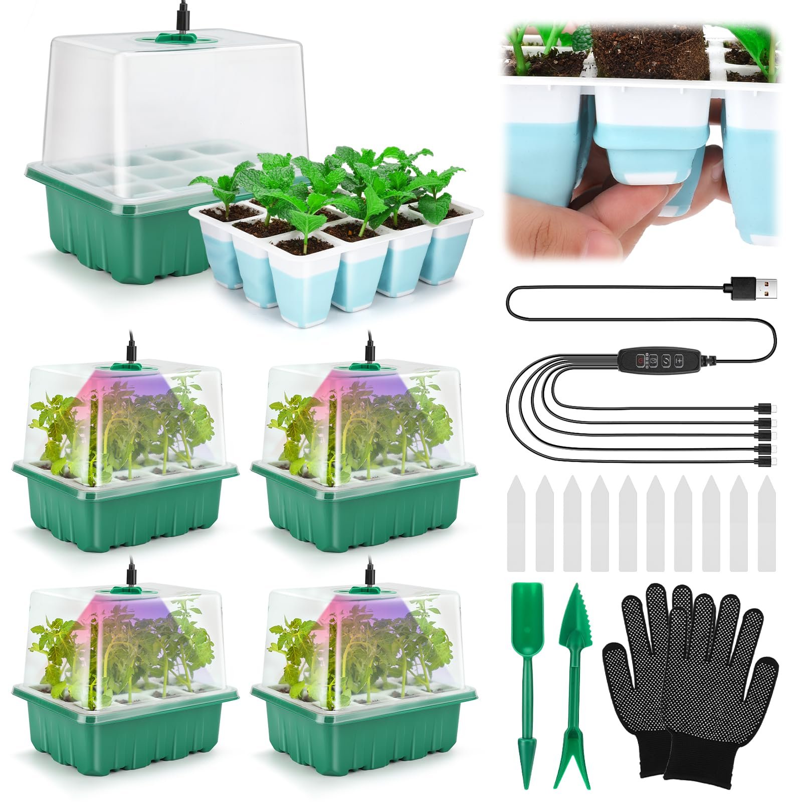 Seed Starter Tray with Grow Light, 60 Flexible Cells 5 PCS Seed Starter Kit, Reusable Seedling Starter Trays with Humidity Dome & High Lid, Germination Trays for Indoor Greenhouse Seed Starter