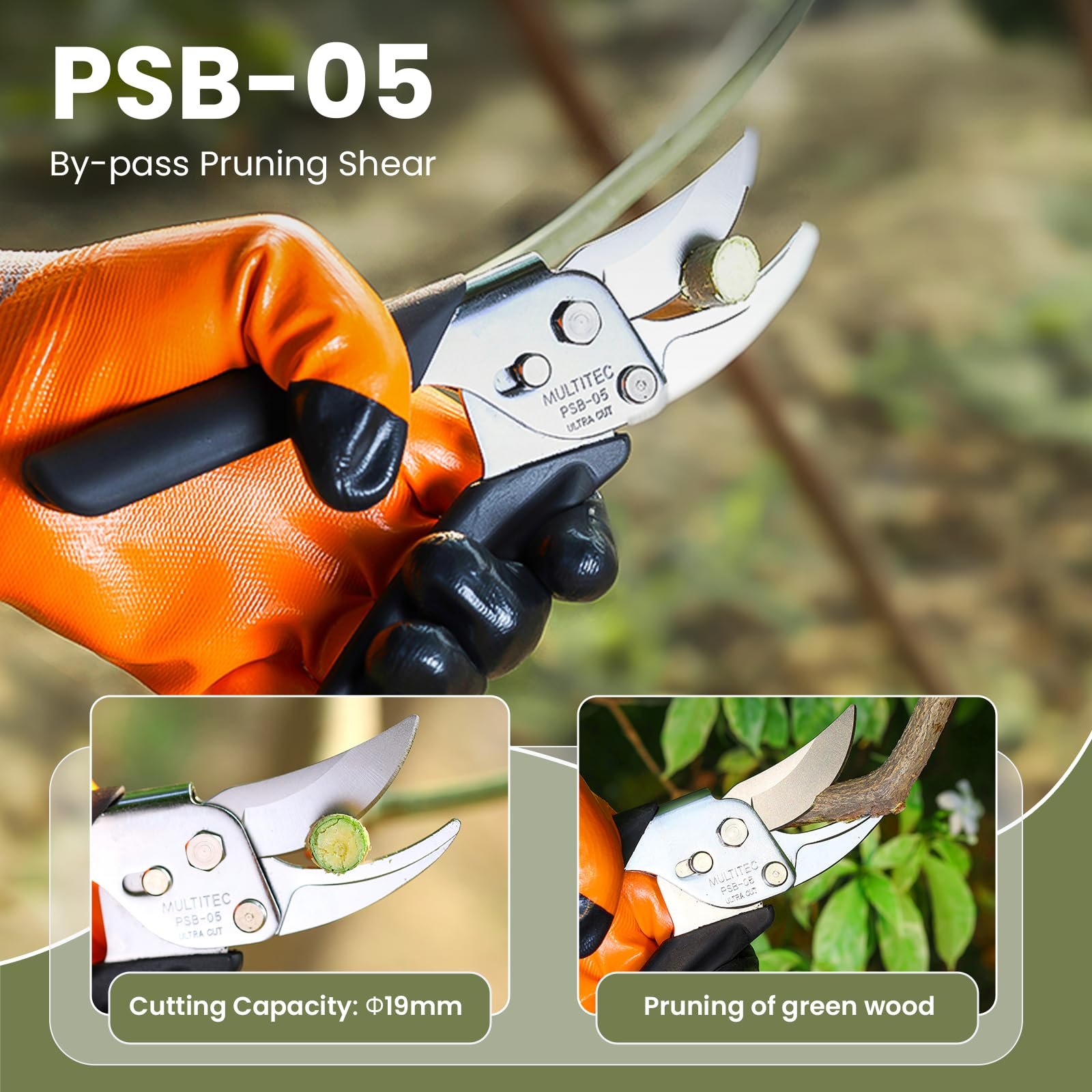 MULTITEC PSB05 Bypass Pruning Shear 210mm | Stainless Steel Professional Garden Secateur with 19mm Cutting Capacity for Plants, Roses, Flowers & Shrubs - Image 2