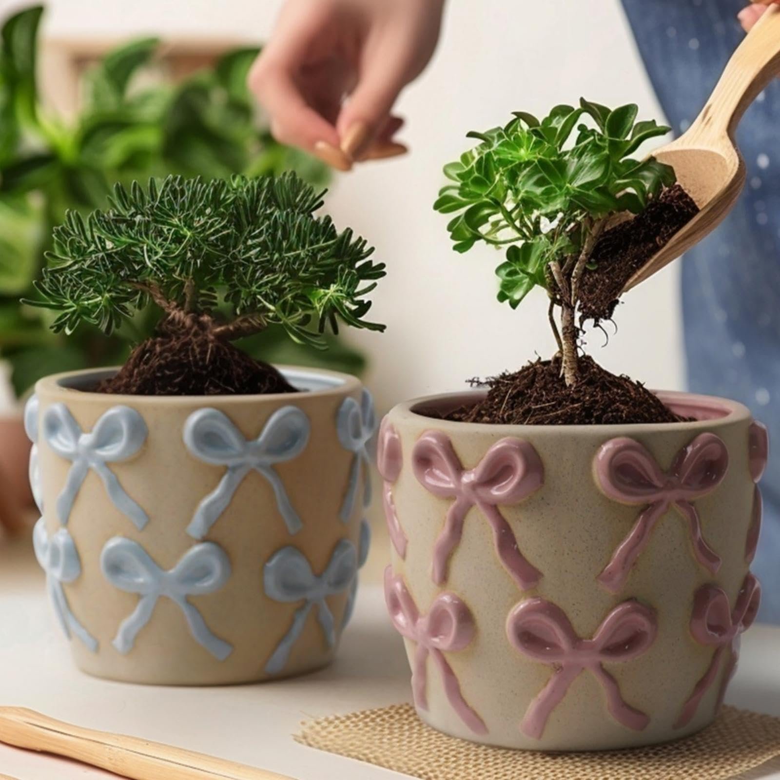 Ceramic Flower Pots for Indoor and Outdoor Plants, Succulent Orchid Round Clay and Terracotta Planter for Garden Home Modern Decoration 5.3 Inch (Pink Bow, Without Saucers) - Image 4