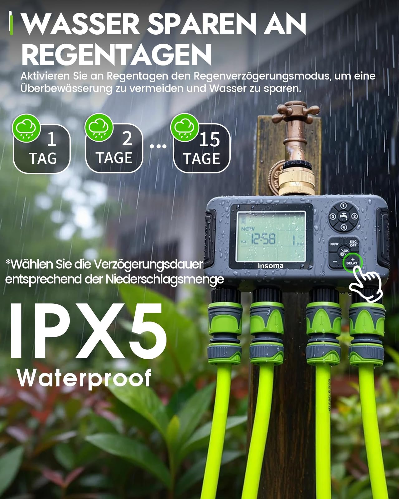 4-Zone Water Timer with Brass Inlet, Automatic Garden Hose Timer with Manual/Rain Delay & Large Display, IPX5 Waterproof Faucet Timers for Sprinkler System, Yard, Lawn, Greenhouse - Image 5