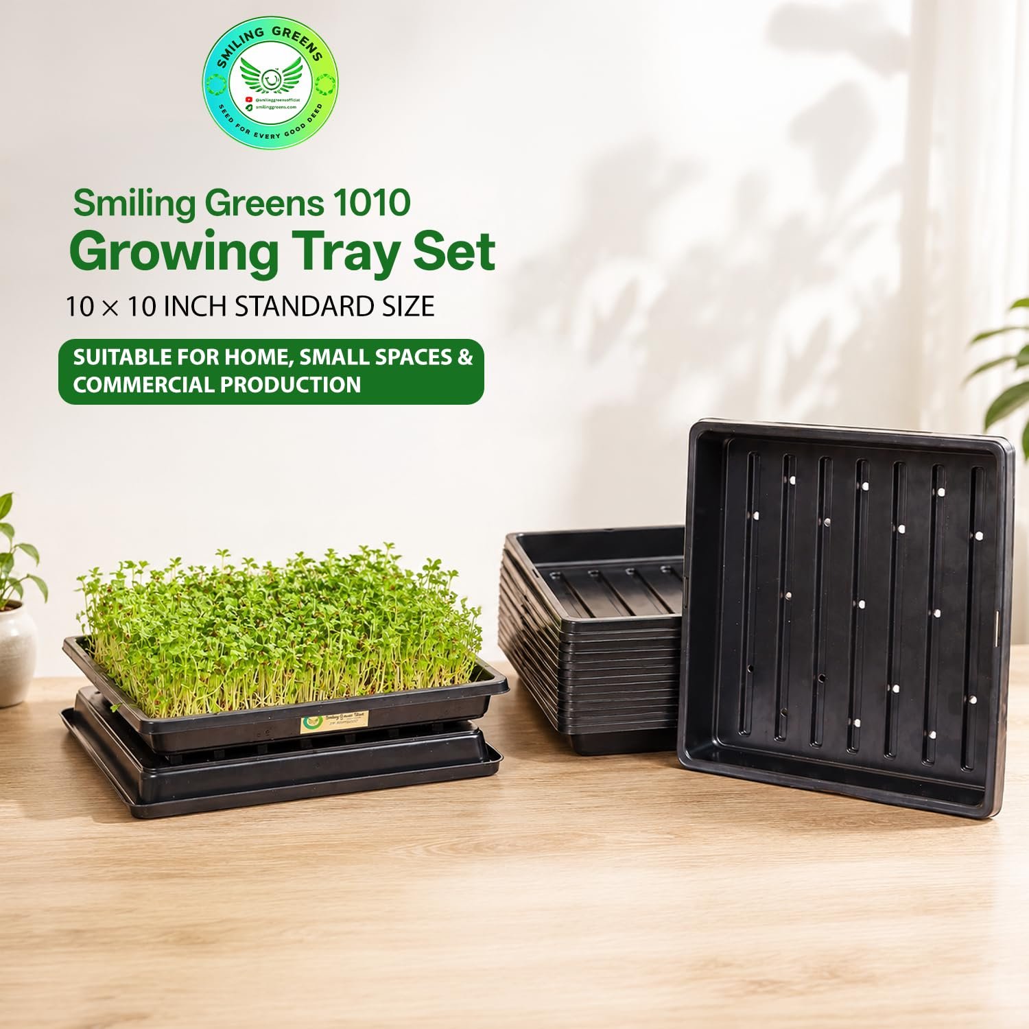 Smiling Greens 1010 Microgreens Tray Bulk Set | 10 Pairs / 20 Trays | 10 × 10 Inch | Drainage & Base Trays | Reusable Indoor Growing for Microgreens, Wheatgrass & Herbs - Image 2