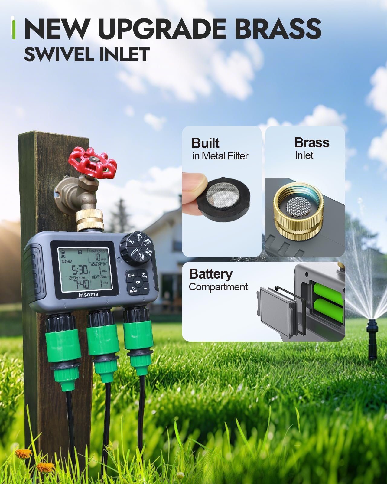 3-Zone Sprinkler Timer with Brass Inlet + IPX5 Waterproof | Programmable Auto/Manual Irrigation Mode with Rain Delay & Large LCD | Water Hose Timer 3 Outlets for Garden, Lawn, Yard, Pool - Image 2