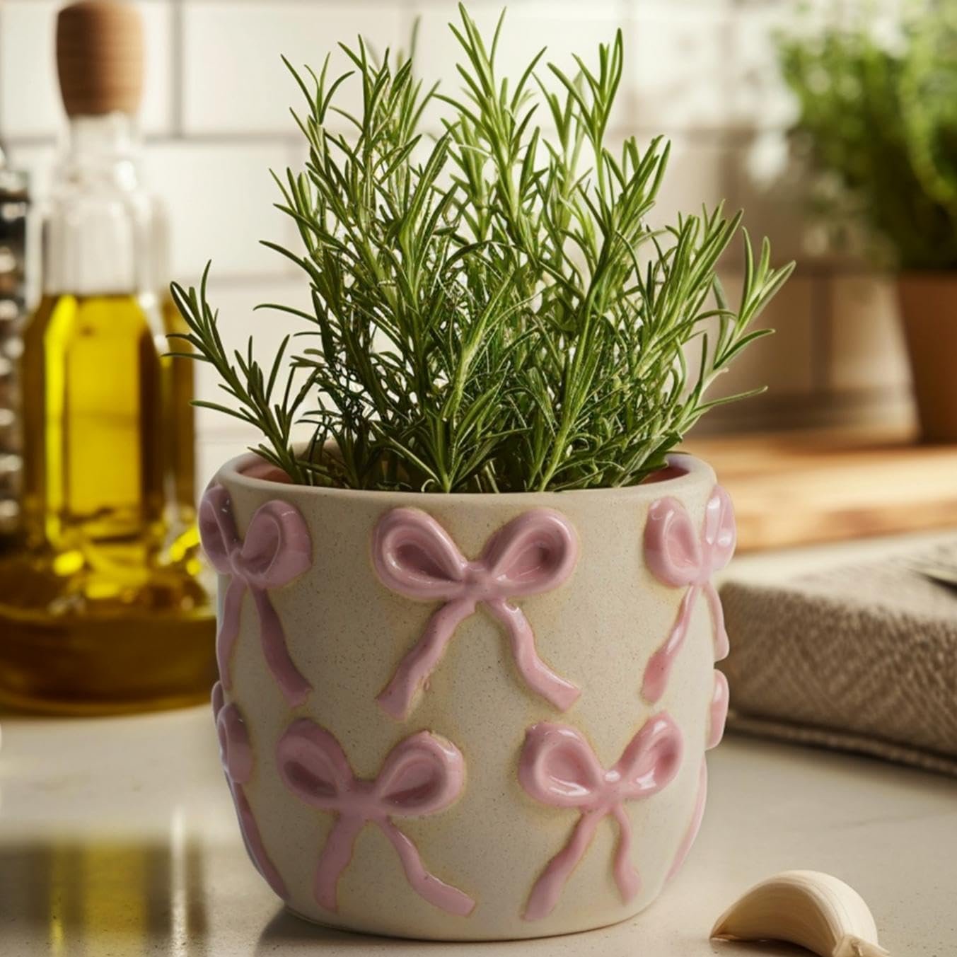 Ceramic Flower Pots for Indoor and Outdoor Plants, Succulent Orchid Round Clay and Terracotta Planter for Garden Home Modern Decoration 5.3 Inch (Pink Bow, Without Saucers) - Image 6