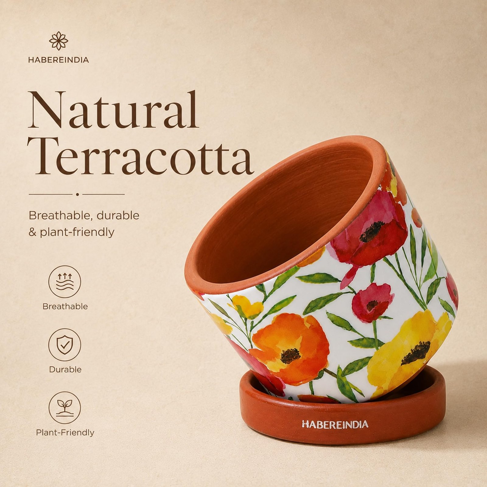 Floral Poppy Print Terracotta Planter with Saucer | Hand Painted Indoor Plant Pot | Breathable Clay Pot with Drainage Hole (Multi: L11 x W11 x H10 cm) - Image 2