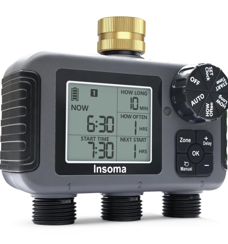 3-Zone Sprinkler Timer with Brass Inlet + IPX5 Waterproof | Programmable Auto/Manual Irrigation Mode with Rain Delay & Large LCD | Water Hose Timer 3 Outlets for Garden, Lawn, Yard, Pool