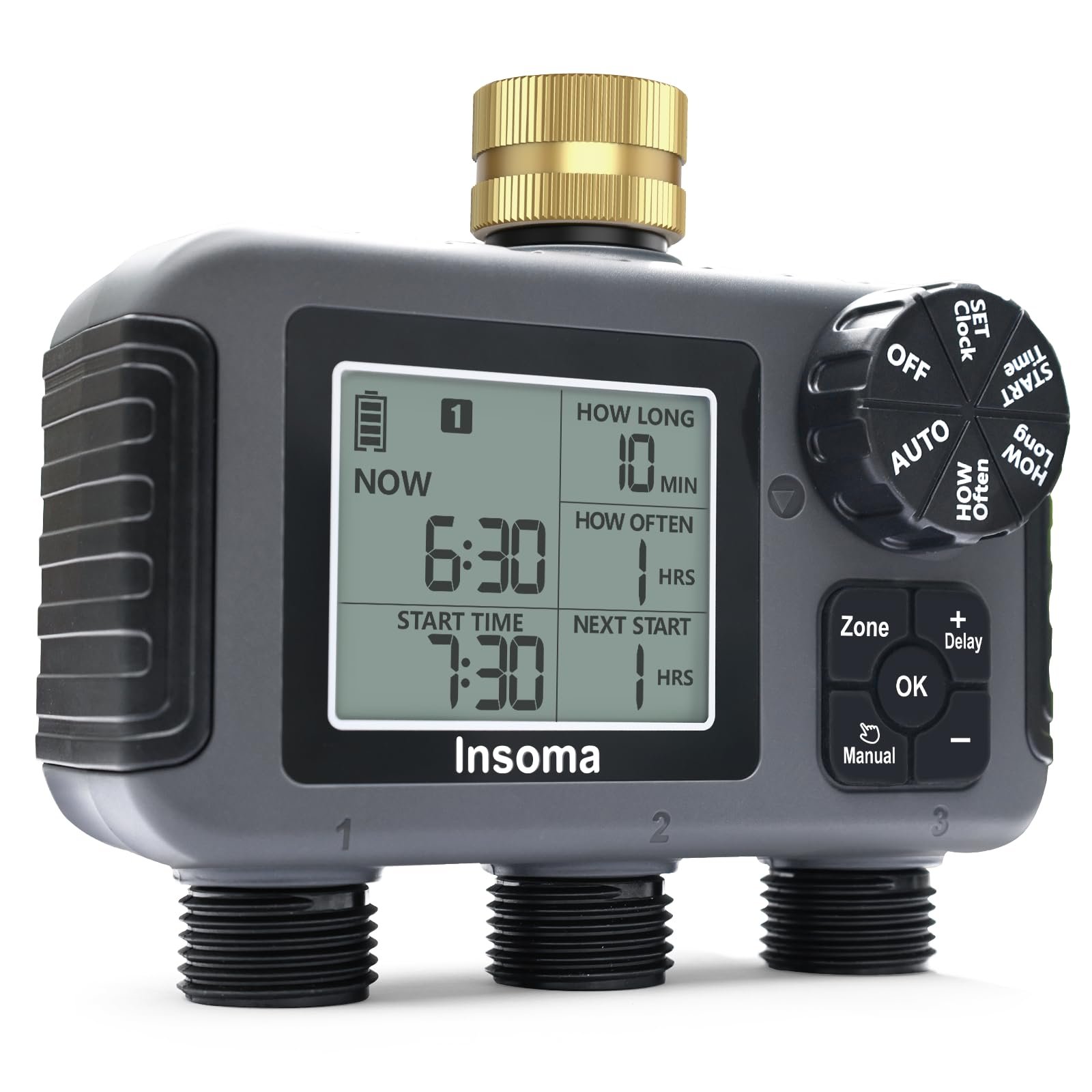 3-Zone Sprinkler Timer with Brass Inlet + IPX5 Waterproof | Programmable Auto/Manual Irrigation Mode with Rain Delay & Large LCD | Water Hose Timer 3 Outlets for Garden, Lawn, Yard, Pool