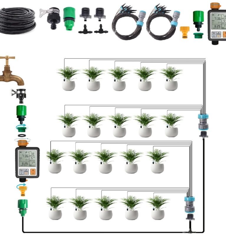 Smart Home Plant Drip Irrigation System with Advanced Digital Timer, Automatic Watering Kit for Indoor & Outdoor Plants, Easy Setup, Water-Saving System with Flow Control (20 Plants)