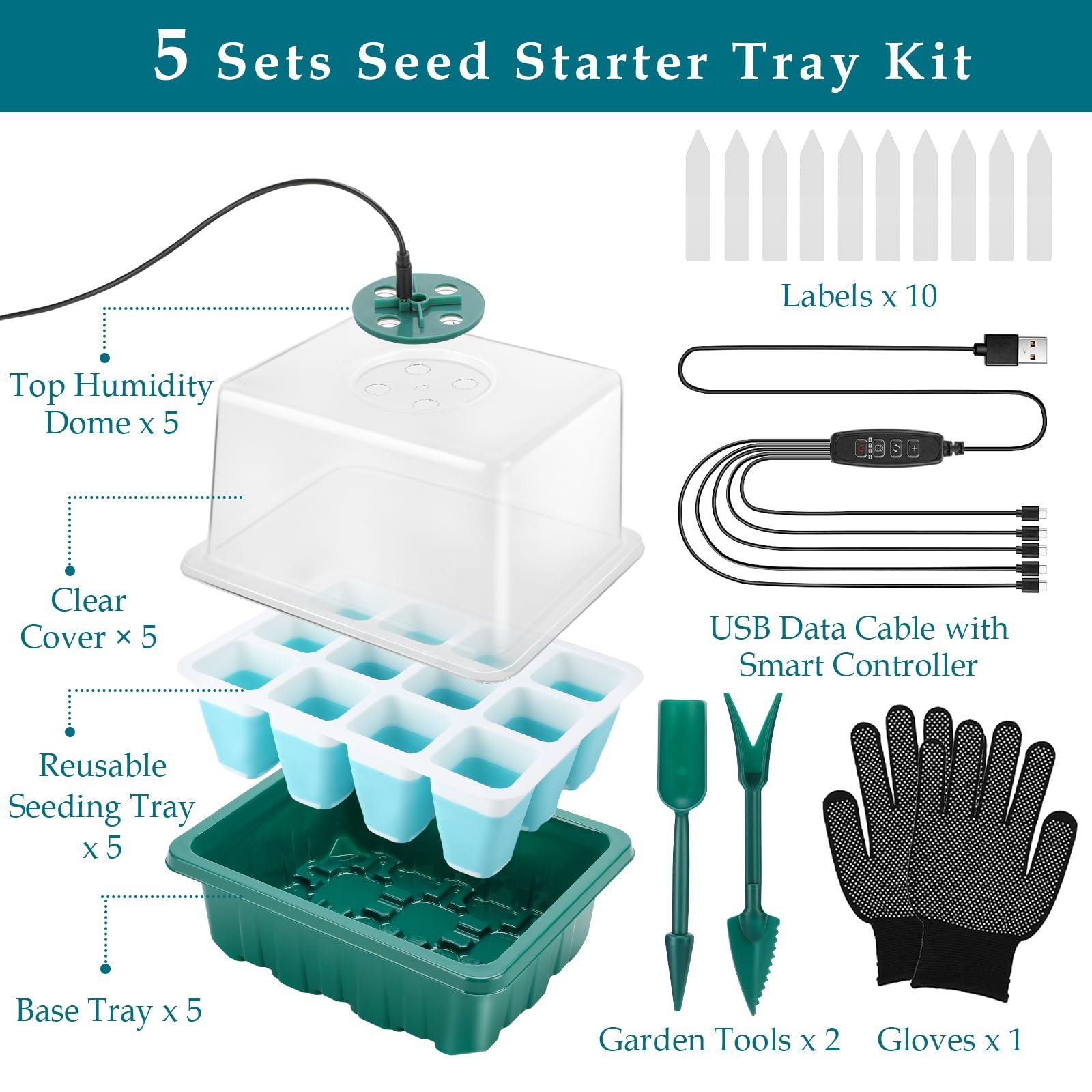 Seed Starter Tray with Grow Light, 60 Flexible Cells 5 PCS Seed Starter Kit, Reusable Seedling Starter Trays with Humidity Dome & High Lid, Germination Trays for Indoor Greenhouse Seed Starter - Image 7