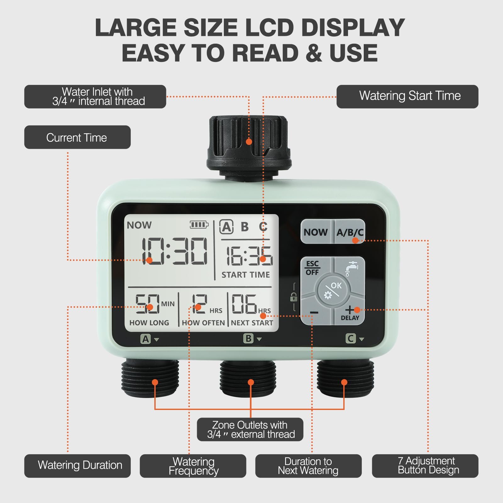 Water Timer Irrigation System,3 Outlets Water Sprinkler Timer Lawn & Garden Watering Equipment/Automatic Watering System/IPX5 Waterproof/Child Lock Mode/Sprinklers for Lawns - Image 4