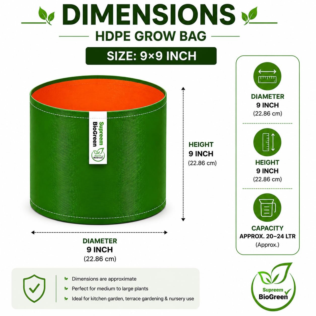 Industries HDPE Grow Bags 9 x 9 Pack of 5 | Heavy Duty Fabric Grow Bags for Terrace, Balcony & Home Gardening - Image 2
