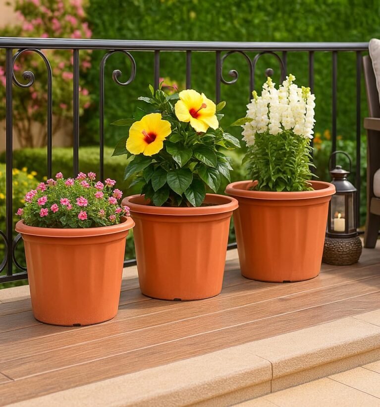 UV Treated Gardening Pots and Planters for Plants (12 inch Brown/Terracotta Color Set of 3 Plastic Pots)