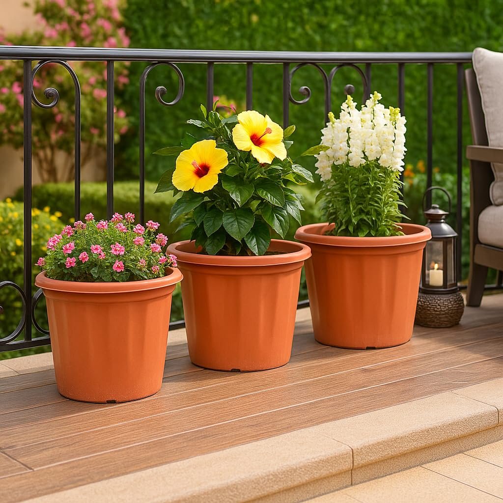 UV Treated Gardening Pots and Planters for Plants (12 inch Brown/Terracotta Color Set of 3 Plastic Pots)