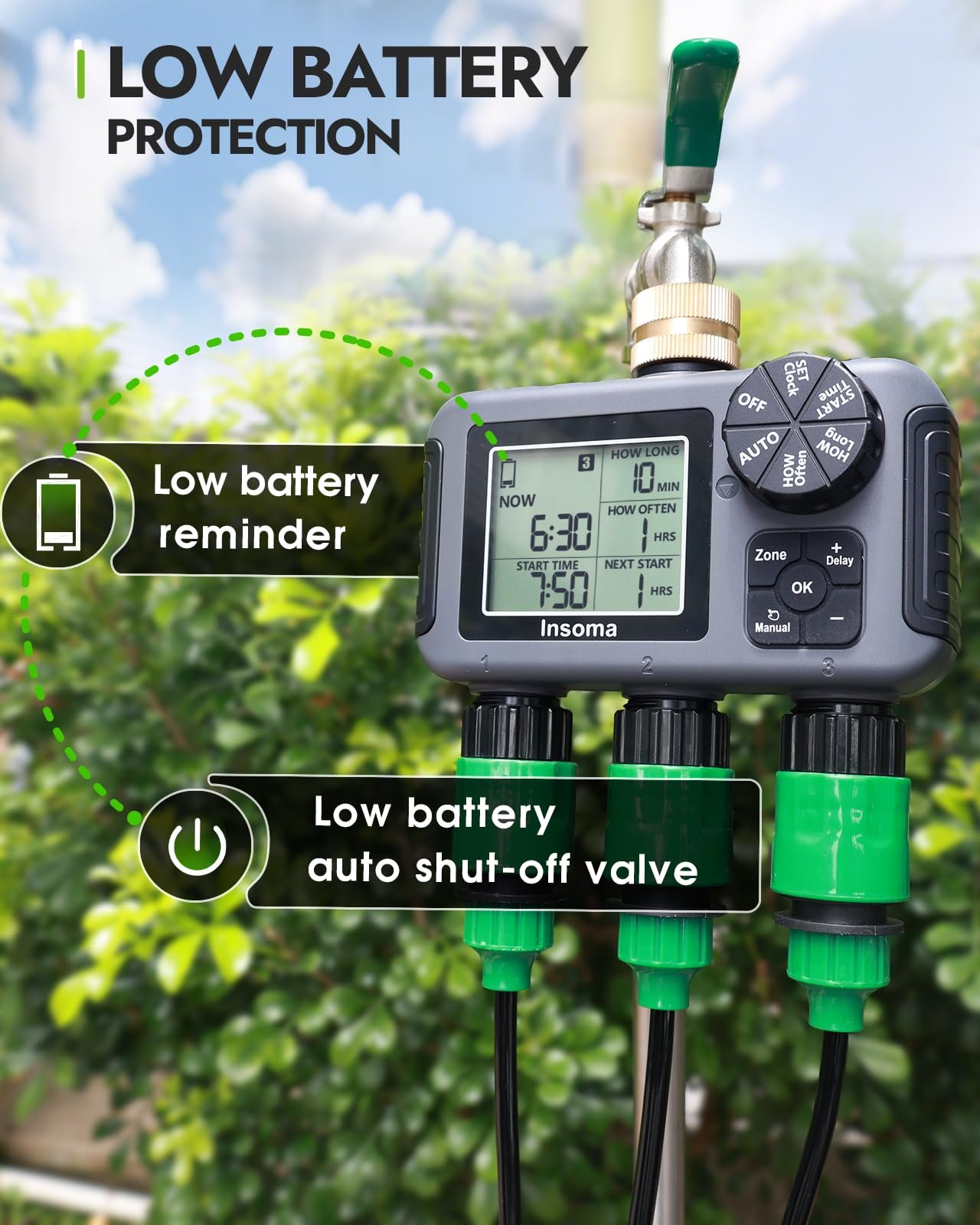 3-Zone Sprinkler Timer with Brass Inlet + IPX5 Waterproof | Programmable Auto/Manual Irrigation Mode with Rain Delay & Large LCD | Water Hose Timer 3 Outlets for Garden, Lawn, Yard, Pool - Image 7