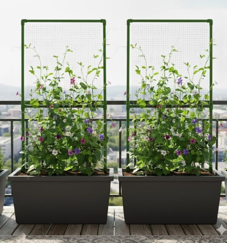 Balcony Garden Trellis with Net | Tall Climbing Plant Support Frame for Balcony, Patio & Rooftop Gardens | Rust-Proof Frame, Ideal for Flowering & Creeping Plants (Set of 2) (Green)