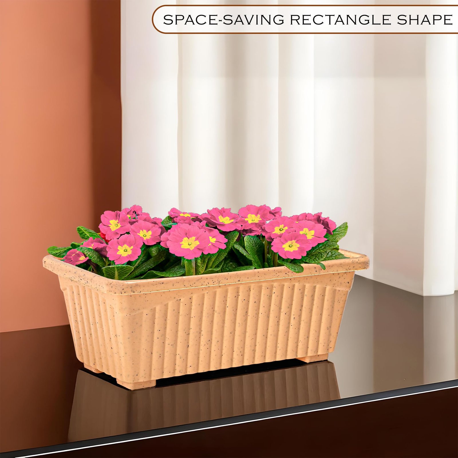 2 Pcs Rectangular Plastic Flower Pot Planter | Indoor Outdoor Balcony Window Garden Pot for Home and Office Decor | Marble Jupitar - Beige - Image 2