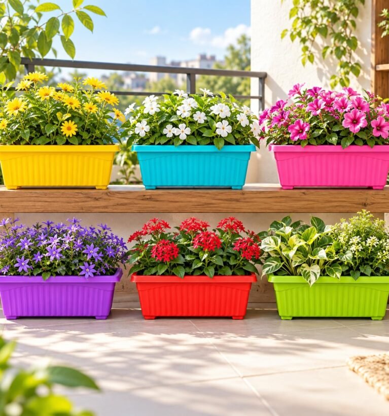 Planters | Multicolor | Rectangular | Plastic Pots for Plants | Jupiter Flower Pots for Home | Window Display Planters | Garden Planters | Set of 6 | 35 x 18.5 x 15 cm