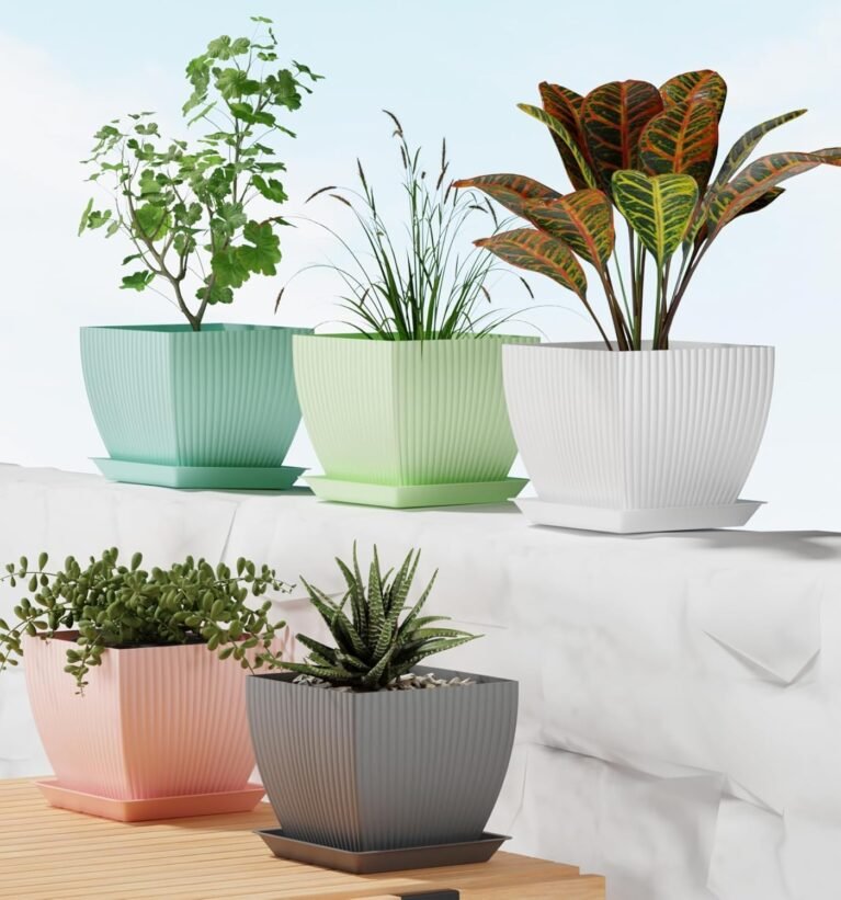 5 Pack Plastic Square Flower Pots with Drainage & Bottom Tray/Lightweight, UV & Weather Resistant/6.5 Inch Planters for Indoor/Outdoor/Home/Balcony/Terrace/Garden Plant Pots (Multicolour)