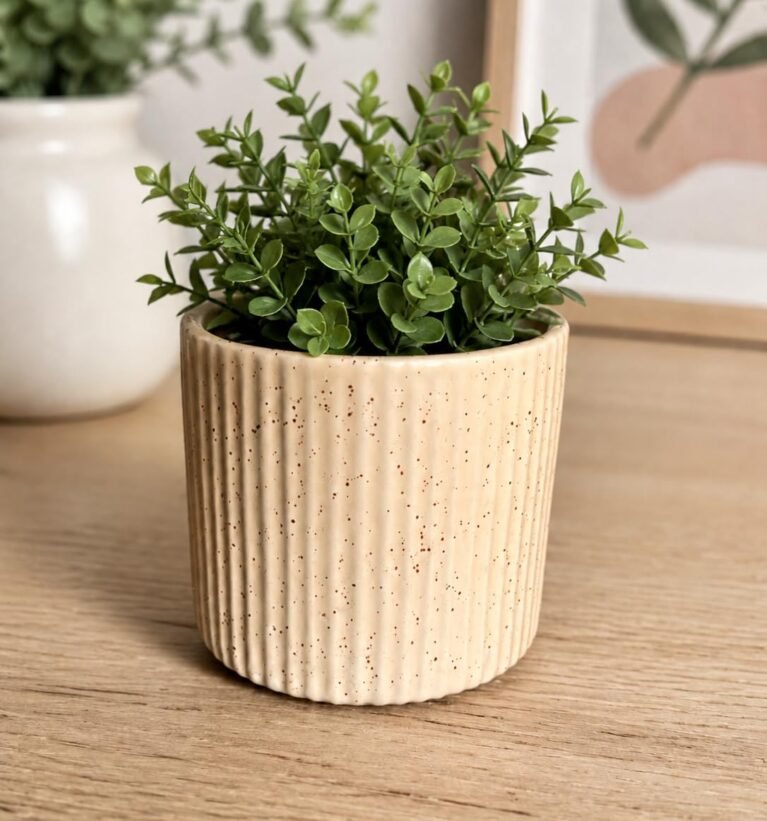 Beige Ceramic Planter with Ribbed Texture, 12x11 cm