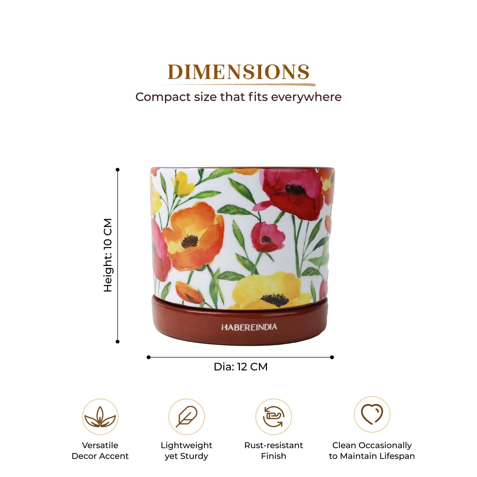 Floral Poppy Print Terracotta Planter with Saucer | Hand Painted Indoor Plant Pot | Breathable Clay Pot with Drainage Hole (Multi: L11 x W11 x H10 cm) - Image 6