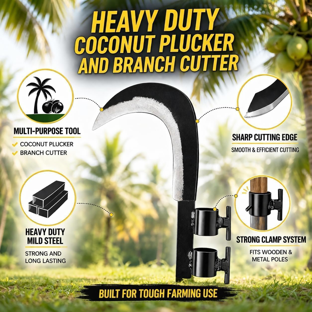 Heavy Duty Agricultural Sickle Cutter Head, Tempered Steel Grass Cutting & Crop Harvesting Tool for Farming, Gardening, Tree Branch Trimming & Coconut Plucking - Image 3
