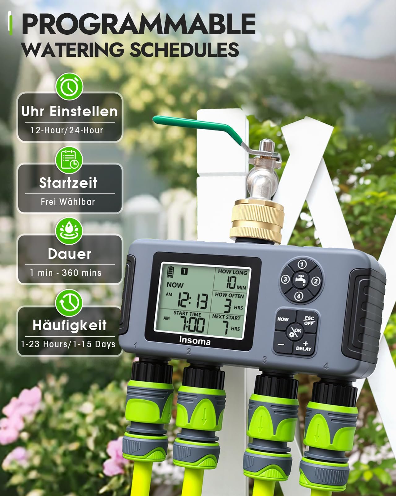 4-Zone Water Timer with Brass Inlet, Automatic Garden Hose Timer with Manual/Rain Delay & Large Display, IPX5 Waterproof Faucet Timers for Sprinkler System, Yard, Lawn, Greenhouse - Image 3