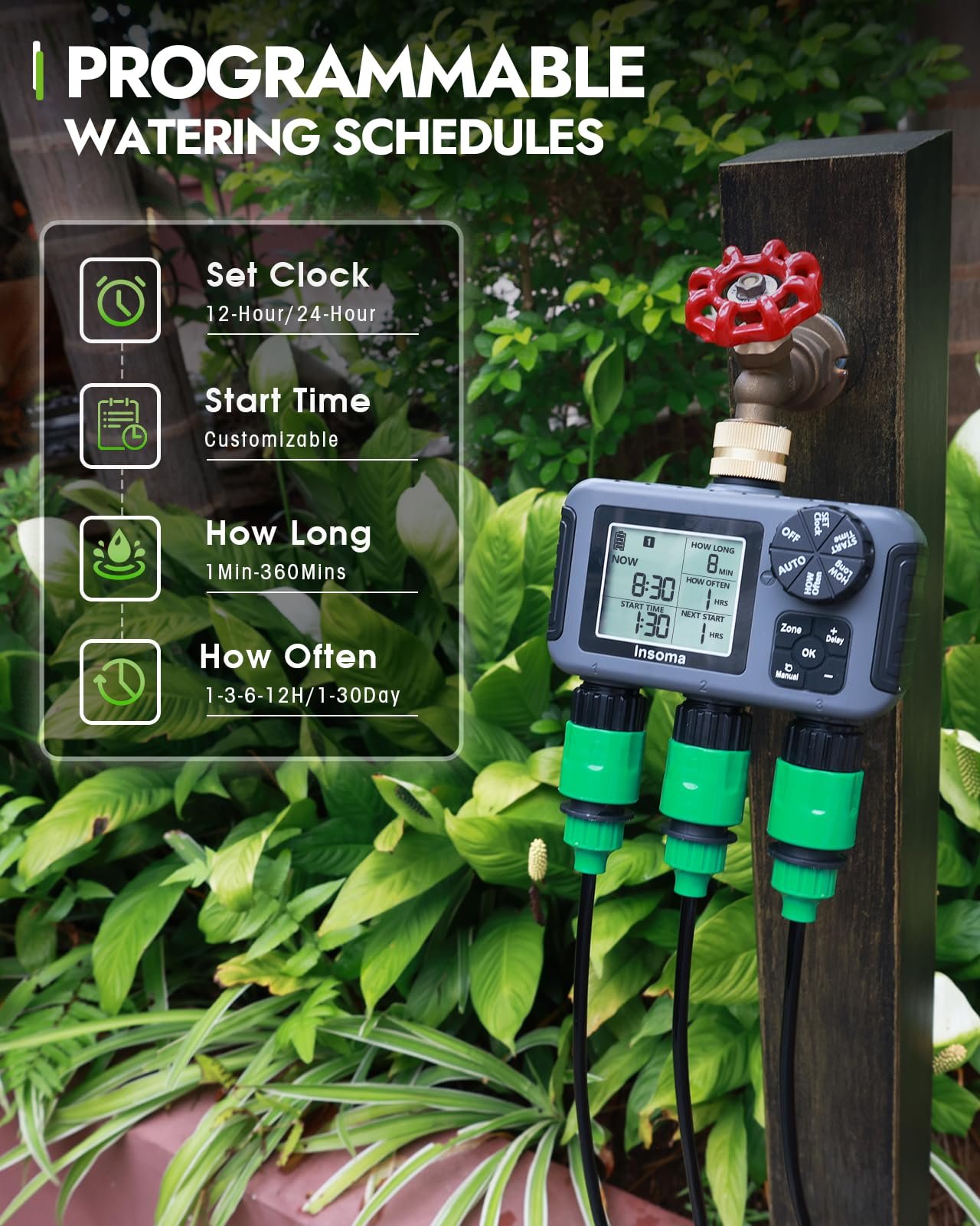 3-Zone Sprinkler Timer with Brass Inlet + IPX5 Waterproof | Programmable Auto/Manual Irrigation Mode with Rain Delay & Large LCD | Water Hose Timer 3 Outlets for Garden, Lawn, Yard, Pool - Image 4