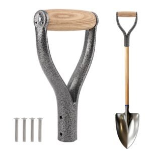 Shovel D Grip Handle, 32mm Inner Diameter Metal Shovel Replacement Handle with Wooden Grip Spade Snow Scoop Digging Raking Tools with 4 Rivets for Digging Raking