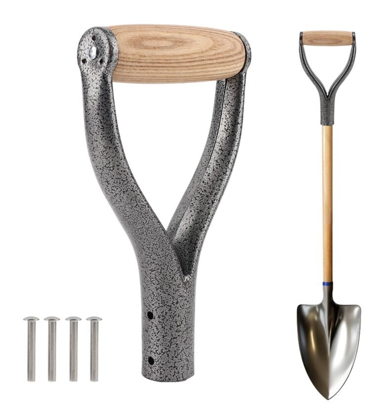 Shovel D Grip Handle, 32mm Inner Diameter Metal Shovel Replacement Handle with Wooden Grip Spade Snow Scoop Digging Raking Tools with 4 Rivets for Digging Raking