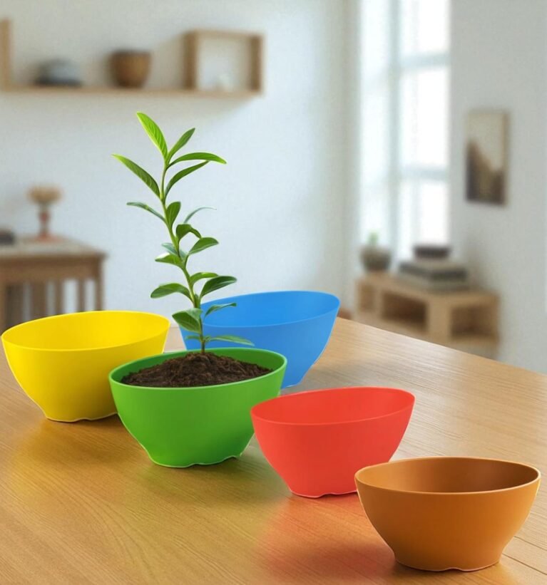 8.5 Inch Plastic Flower Pots for Plants, Pack of 5 | Modern Decorative Oval Plant Pots | Lightweight Indoor Outdoor Planters for Home, Balcony, Garden, Living Room & Tabletop